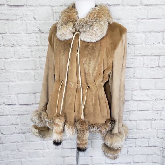 Karen Rizzi Brown Mink Fur Coat Suede Sleeves Drawstring Waist Fits a S/M - Picture 3 of 12
